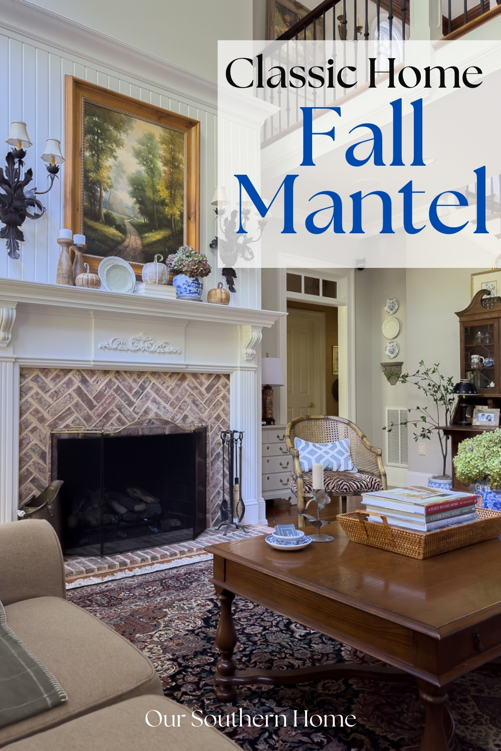 Fall mantel with stacked books, plated, wooden pumpkins and dried hydrangeas with text overlay.