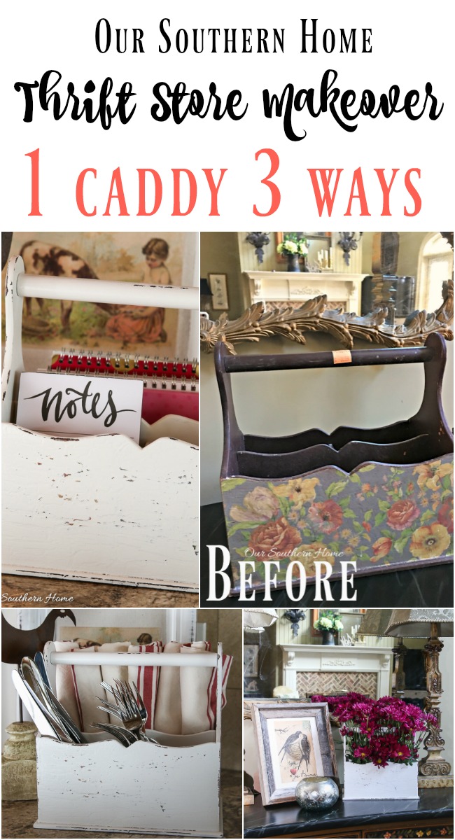 Thrift store caddy gets a farmhouse style makeover that can be used in many ways! Spray paint is your friend!
