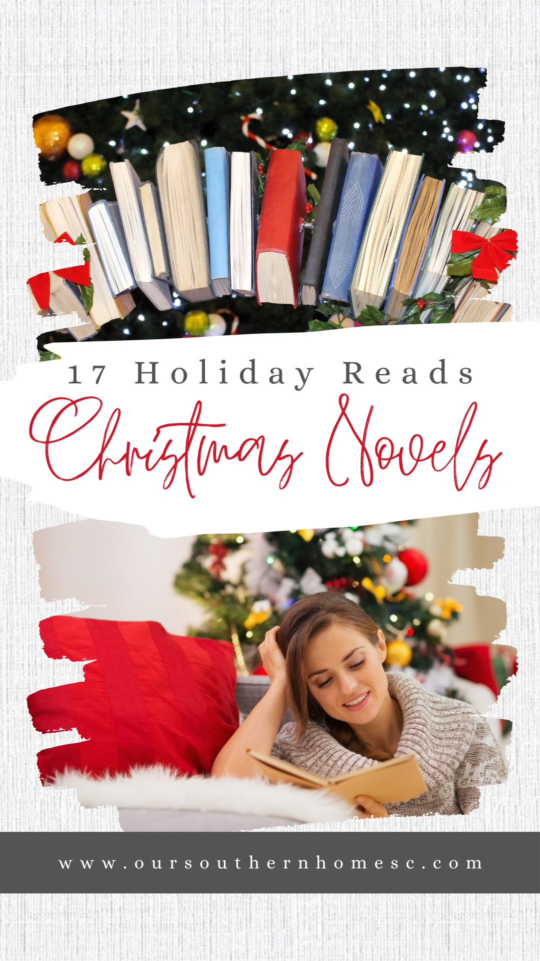 graphic with Christmas books and text overlay