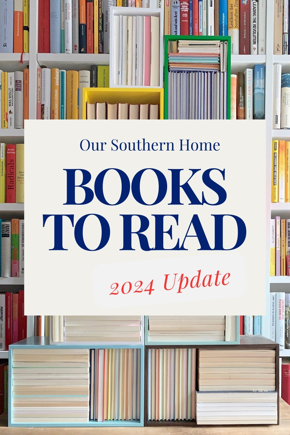 graphic of books with text overlay