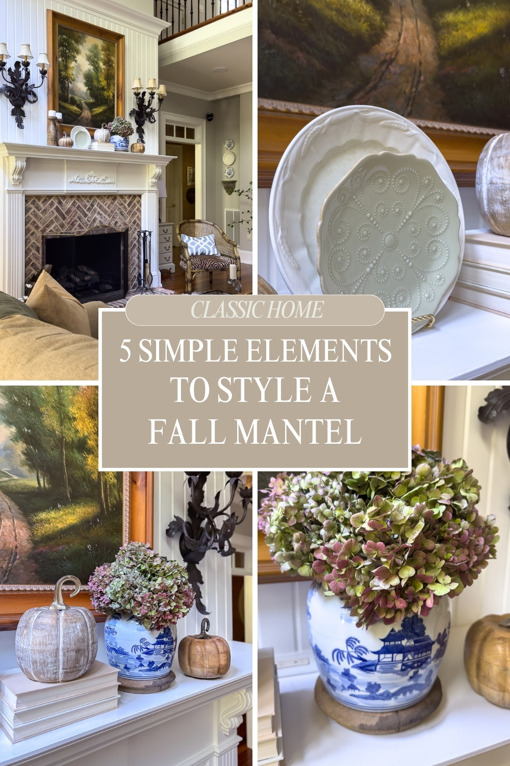 Collage of elements of a fall mantel with stacked books, plated, wooden pumpkins and dried hydrangeas with text overlay.