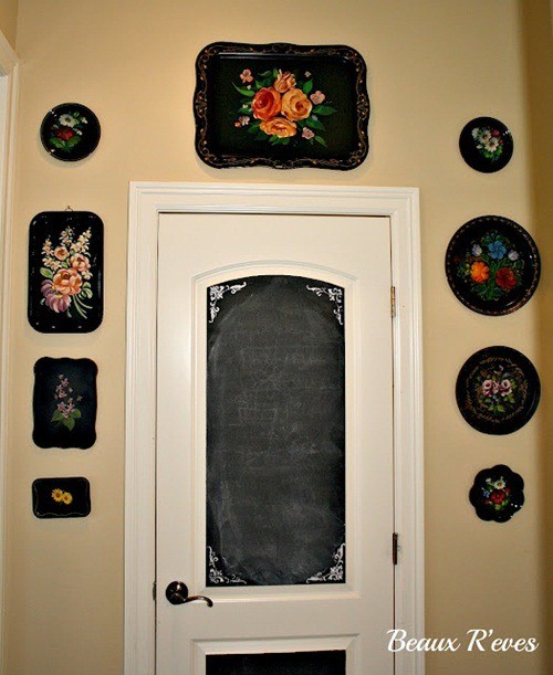 Beaux 23 great way to use Tole trays and like that the chalkboard painted door ties in.