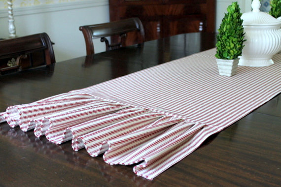 Red Ticking Table Runner 20 x 76 Ruffled Ends