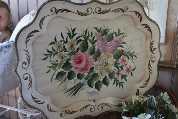 Tole Tray Large Hand Painted Decorative Vitage Floral Serving Tray
