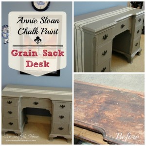 Antique desk painted with Annie Sloan Chalk paint with a grain sack stripe from Our Southern Home #grainsack #ascp
