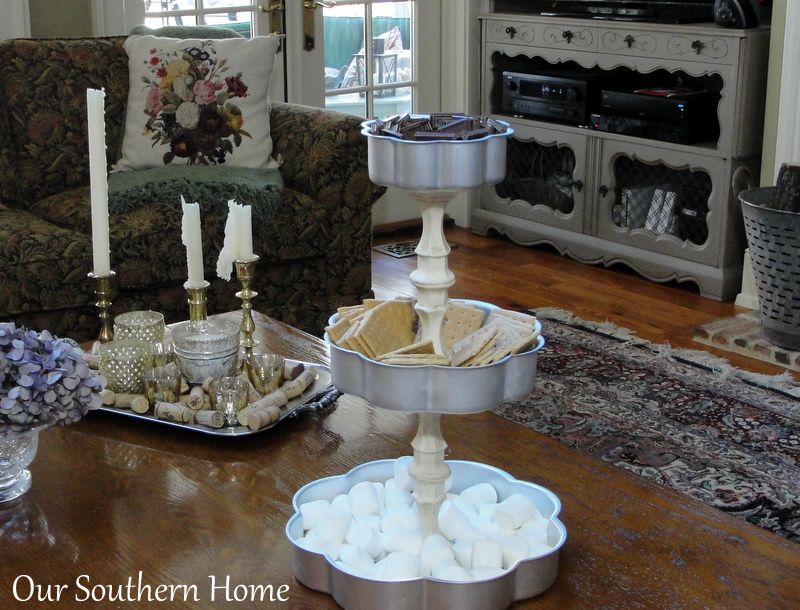 S'mores Station made with dollar store candleholders from Our Southern Home #greatdollarstorechallenge #dollartree #smores #smoresstation #ascp #anniesloanchalkpaint