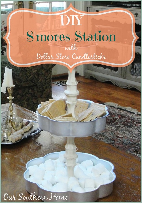 S'mores Station made with dollar store candleholders from Our Southern Home #dollarstorechallenge #dollartree #smores #smoresstation #ascp #anniesloanchalkpaint
