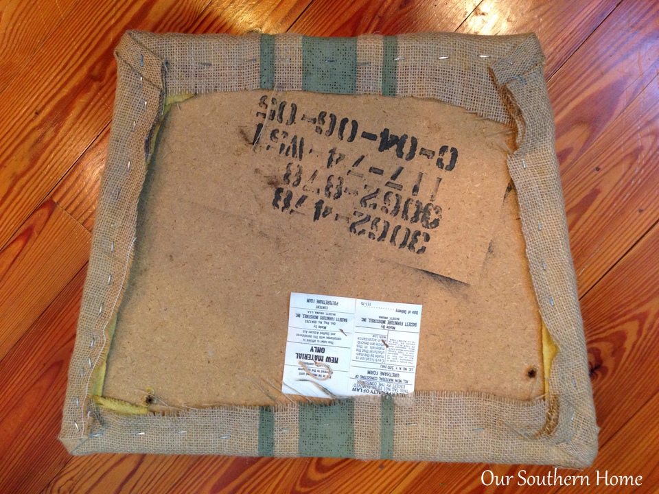 $5 thrift store chair makeover with painted burlap fabric by Our Southern Home