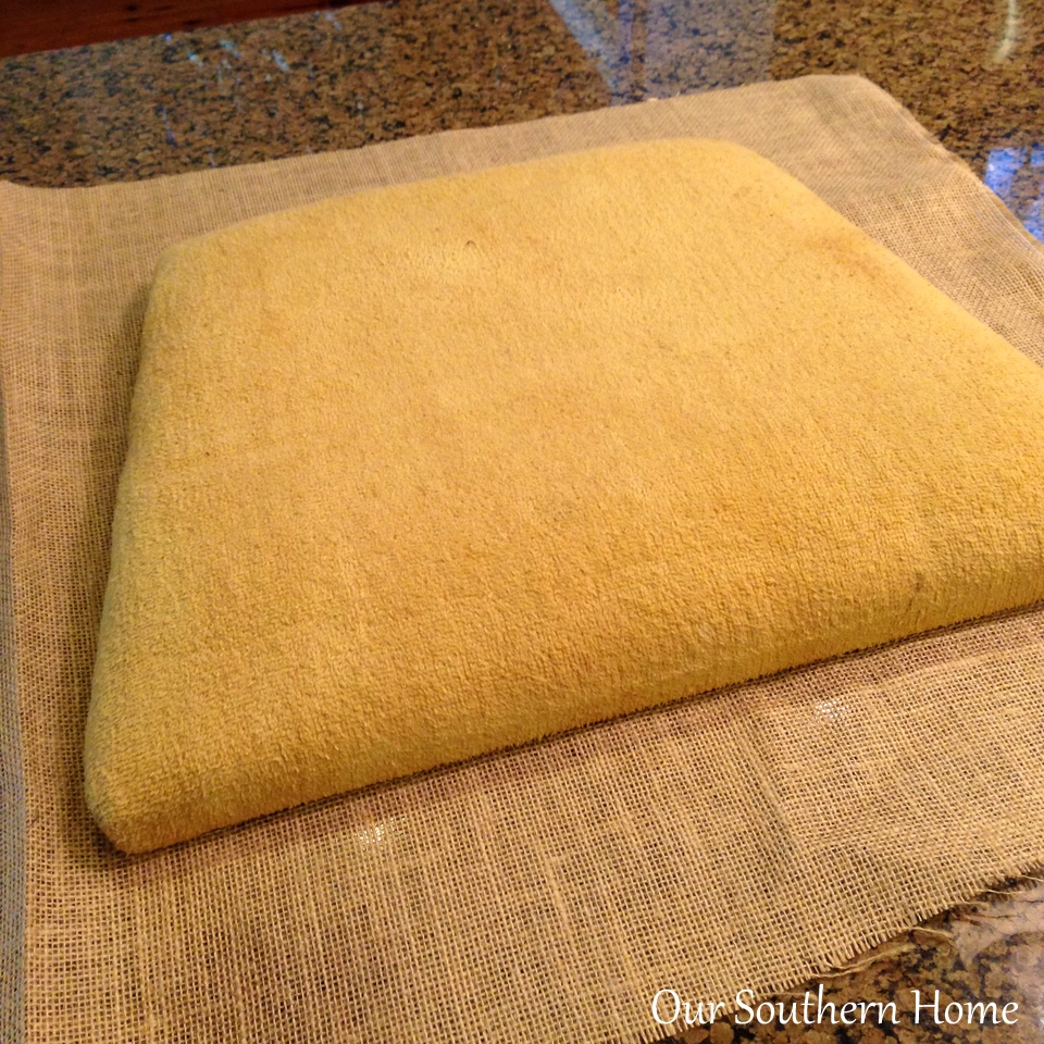 $5 thrift store chair makeover with painted burlap fabric by Our Southern Home