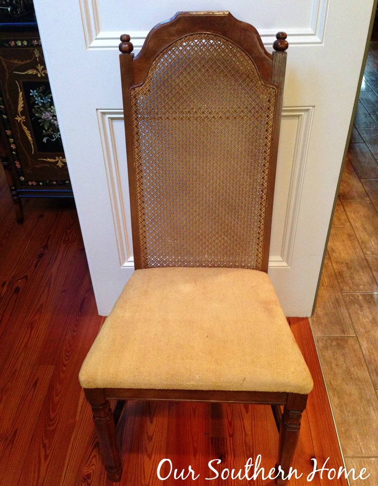 $5 thrift store chair makeover with painted burlap fabric by Our Southern Home