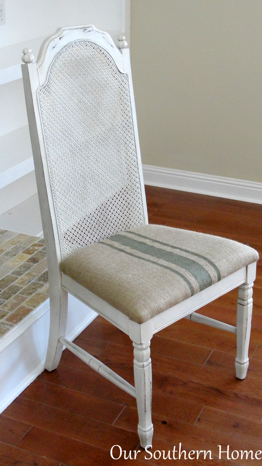 $5 thrift store chair makeover with painted burlap fabric by Our Southern Home