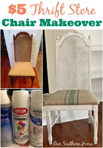 $5 thrift store chair makeover with painted burlap fabric by Our Southern Home