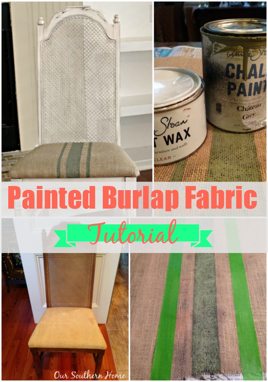 $5 thrift store chair makeover with painted burlap fabric by Our Southern Home