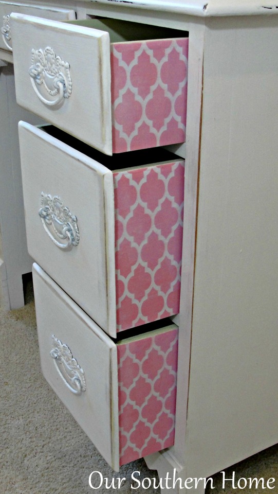 Vintage desk painted with Annie Sloan Chalk Paint in Pure White and decoupaged drawers for an unexpected surprise from Our Southern Home