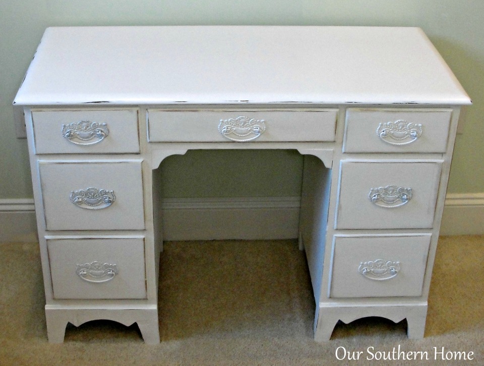 Vintage desk painted with Annie Sloan Chalk Paint in Pure White and decoupaged drawers for an unexpected surprise from Our Southern Home