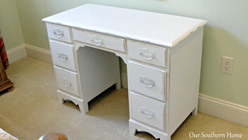 Vintage desk painted with Annie Sloan Chalk Paint in Pure White and decoupaged drawers for an unexpected surprise from Our Southern Home