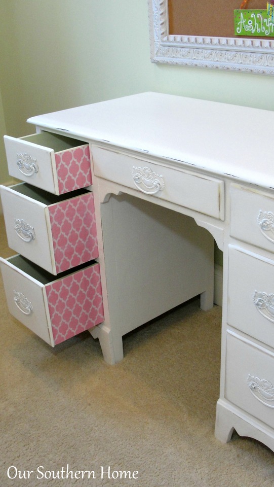 Vintage desk painted with Annie Sloan Chalk Paint in Pure White and decoupaged drawers for an unexpected surprise from Our Southern Home