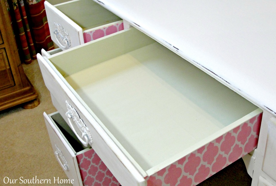 Vintage desk painted with Annie Sloan Chalk Paint in Pure White and decoupaged drawers for an unexpected surprise from Our Southern Home