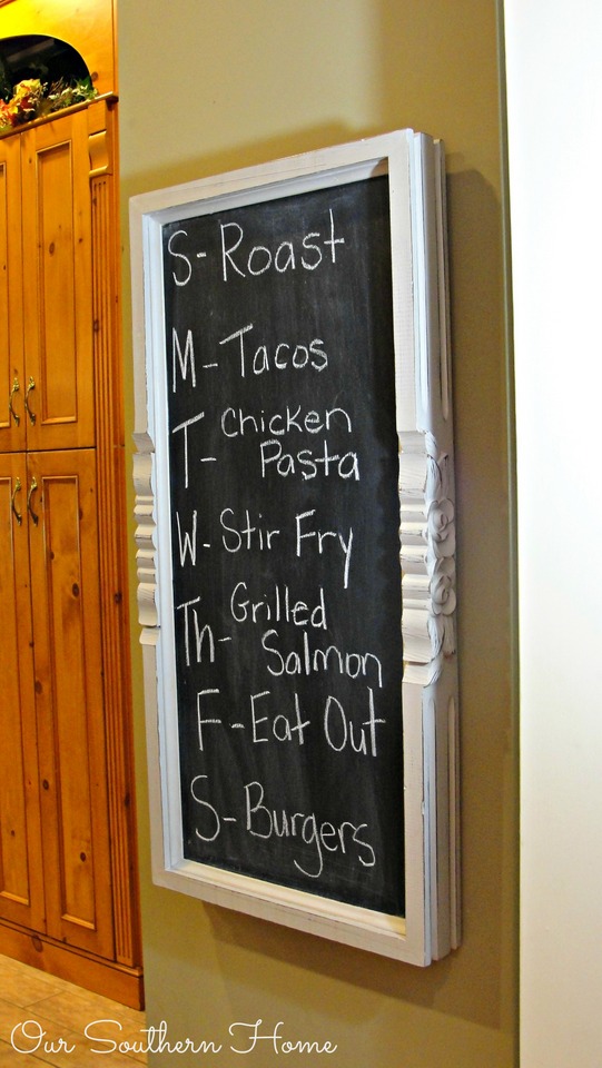 Upcyled menu board from an old coffee table base with chalky finish paint for back to school from Our Southern Home