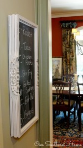Upcyled menu board from an old coffee table base with chalky finish paint for back to school from Our Southern Home