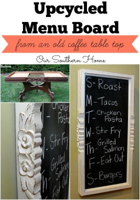 Upcyled menu board from an old coffee table base with chalky finish paint for back to school from Our Southern Home