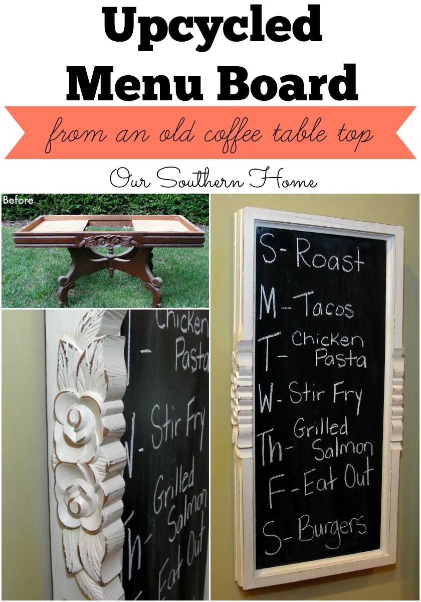 Upcyled menu board from an old coffee table base with chalky finish paint for back to school from Our Southern Home