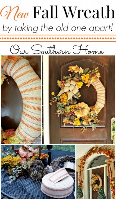 See how I took apart my old fall wreath that was in need of freshening up! I reused it to create a newup to date look for our Fall front entrance. Visit Our Southern Home for the details! #fall #falldecor #fallwreath
