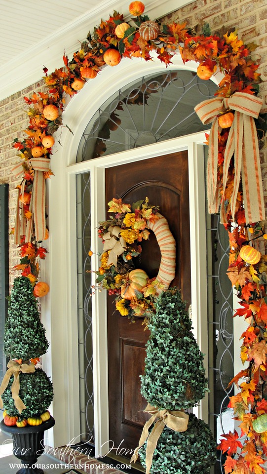 See how I took apart my old fall wreath that was in need of freshening up! I reused it to create a newup to date look for our Fall front entrance. Visit Our Southern Home for the details! #fall #falldecor #fallwreath