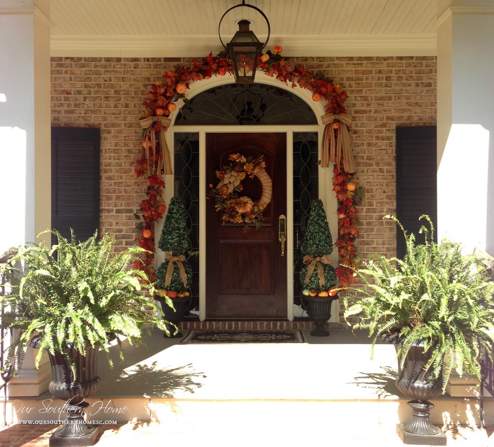 front porch decorated for fall