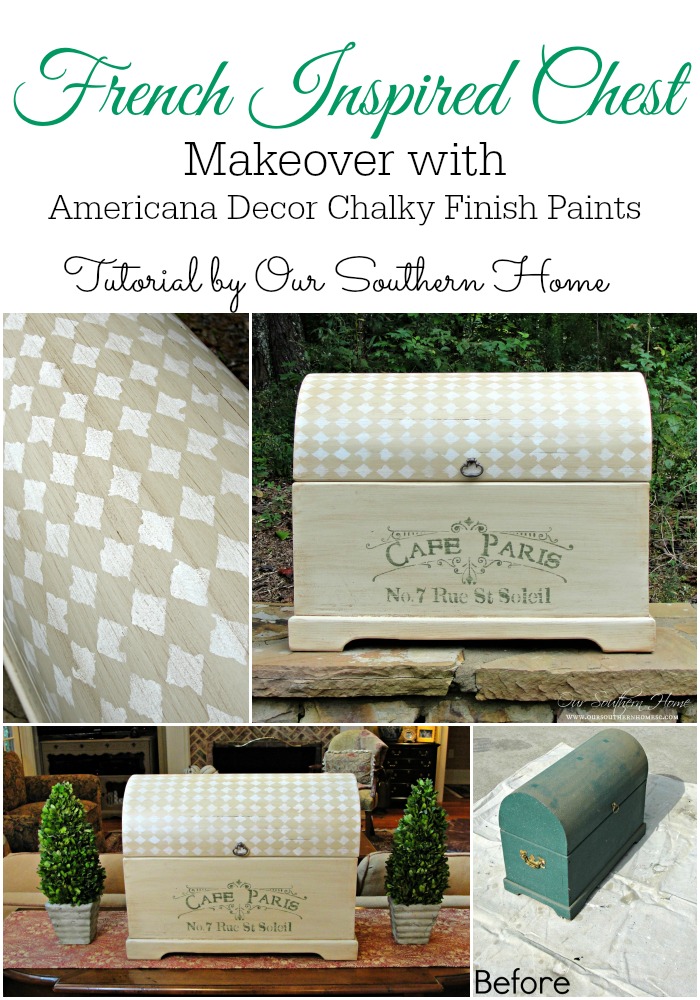 French Inspired Chest Makeover with Americana Decor Chalky Finish Paints via Our Southern Home