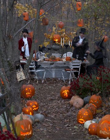 Vintage Halloween party - great idea as part of a scavenger hunt, have hosts/actors running that station out in the woods (people find by following lanterns) and give the next clue! While they're there they can have a quick cup of hot apple cider (this could be the third or so of the clues outside, and the guests would be cold!)