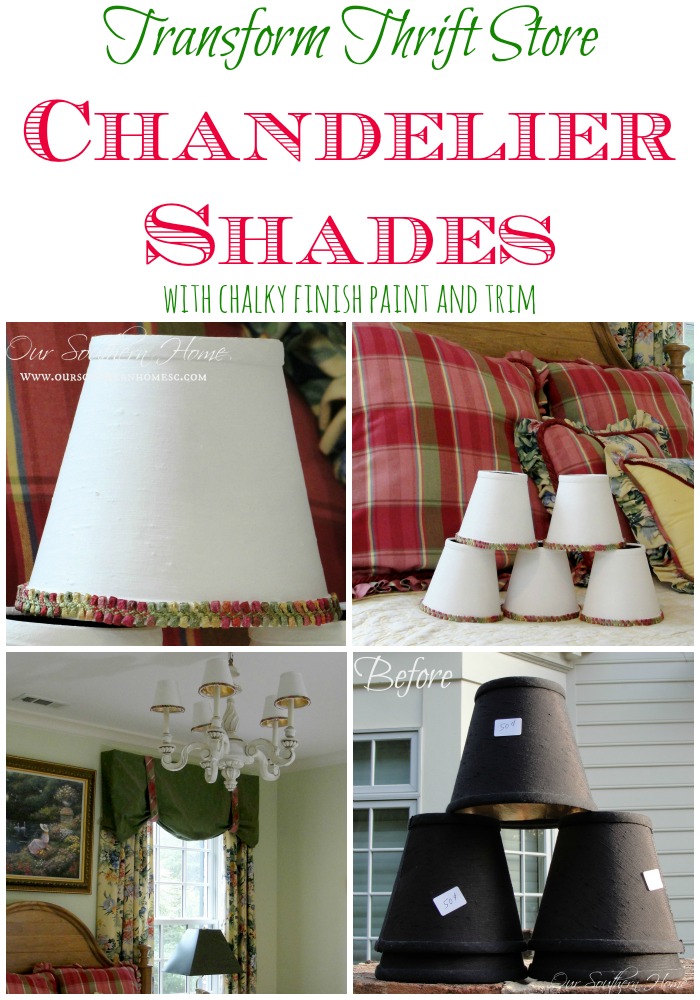 Transform thrift store chandelier shades with chalky finish paint and trim via Our Southern Home #thriftbenefit