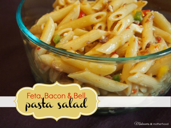 Feta, Bacon & Bell Pasta Salad;  www.makeoversandmotherhood.com