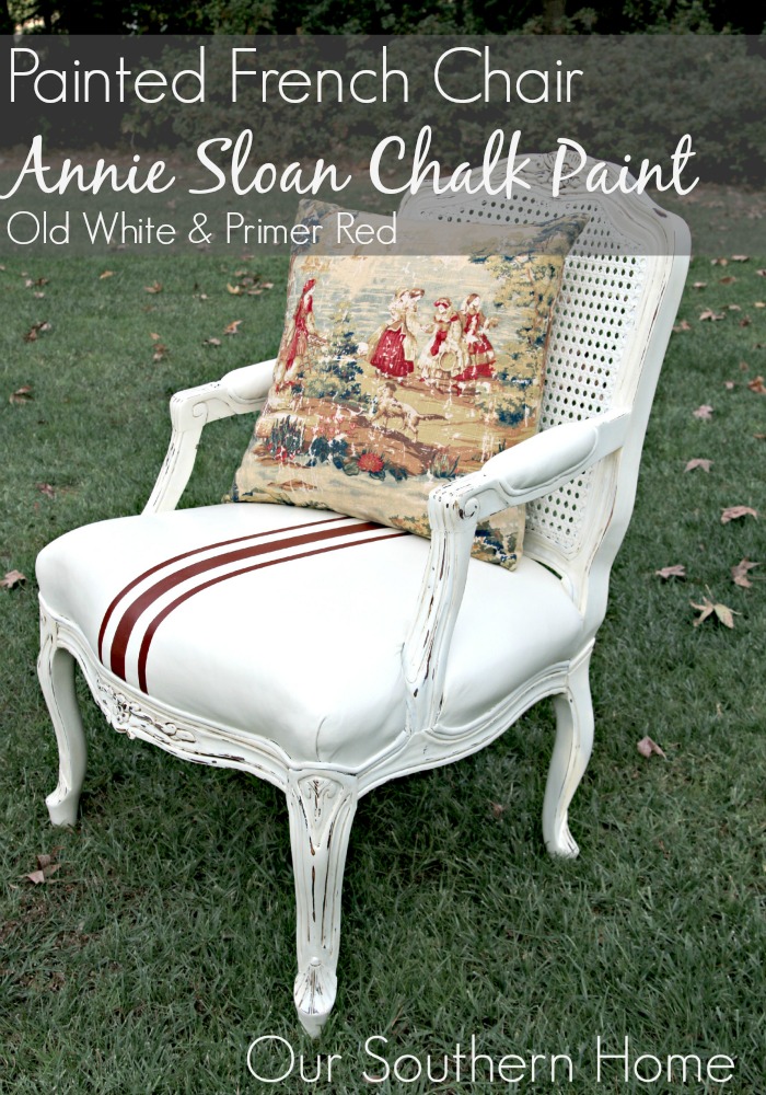 Painted French leather chair with Annie Sloan Chalk Paints in Primer Red and Old White by Our Southern Home