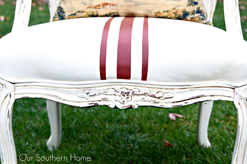 Painted French leather chair with Annie Sloan Chalk Paints in Primer Red and Old White by Our Southern Home