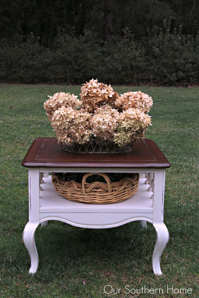 French Country thrift store end table makeover  by Our Southern Home using Americana Decor Chalky Finish Paints and Minwax PolyShades.