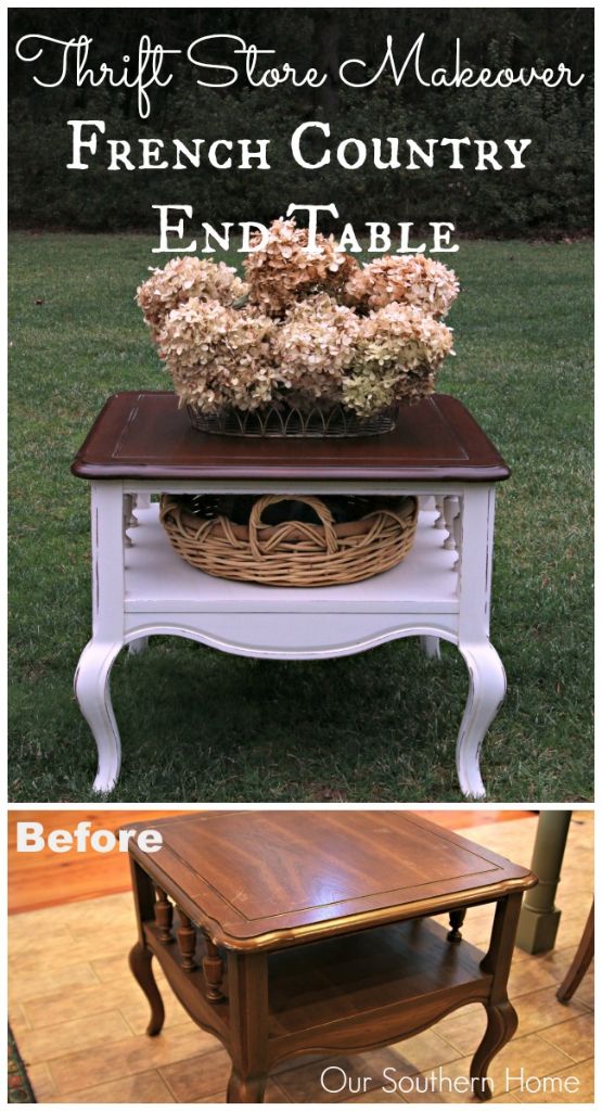 French Country thrift store end table makeover  by Our Southern Home using Americana Decor Chalky Finish Paints and Minwax PolyShades.