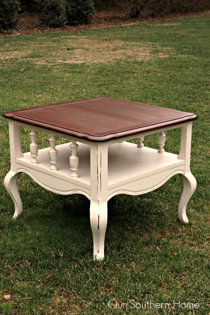 French Country thrift store end table makeover  by Our Southern Home using Americana Decor Chalky Finish Paints and Minwax PolyShades.