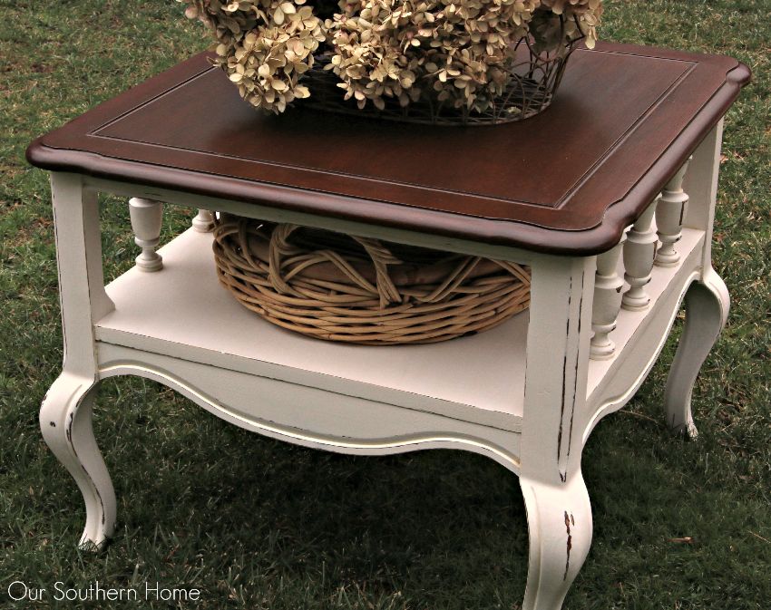 French Country thrift store end table makeover  by Our Southern Home using Americana Decor Chalky Finish Paints and Minwax PolyShades.