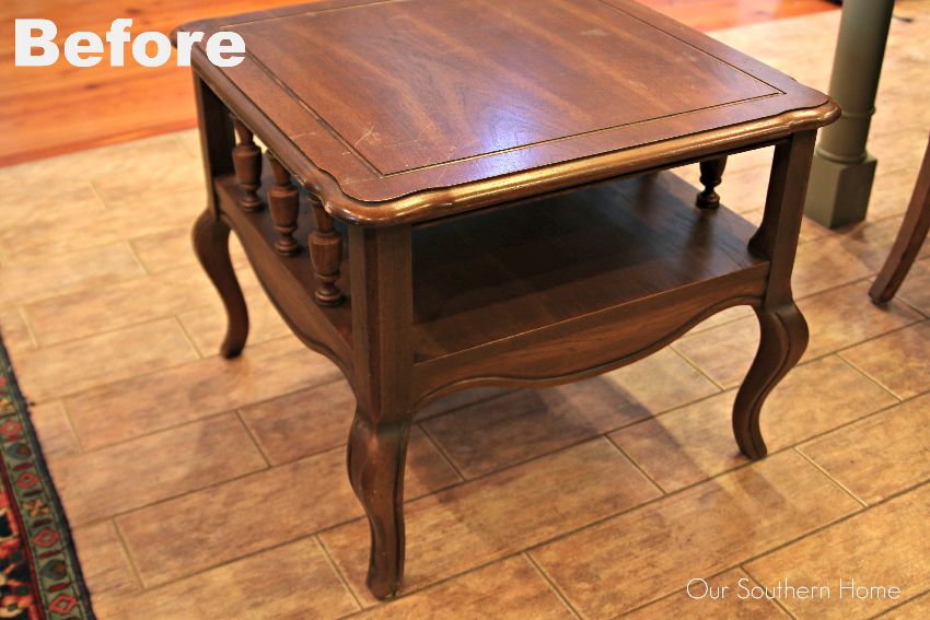 French Country thrift store end table makeover  by Our Southern Home using Americana Decor Chalky Finish Paints and Minwax PolyShades.