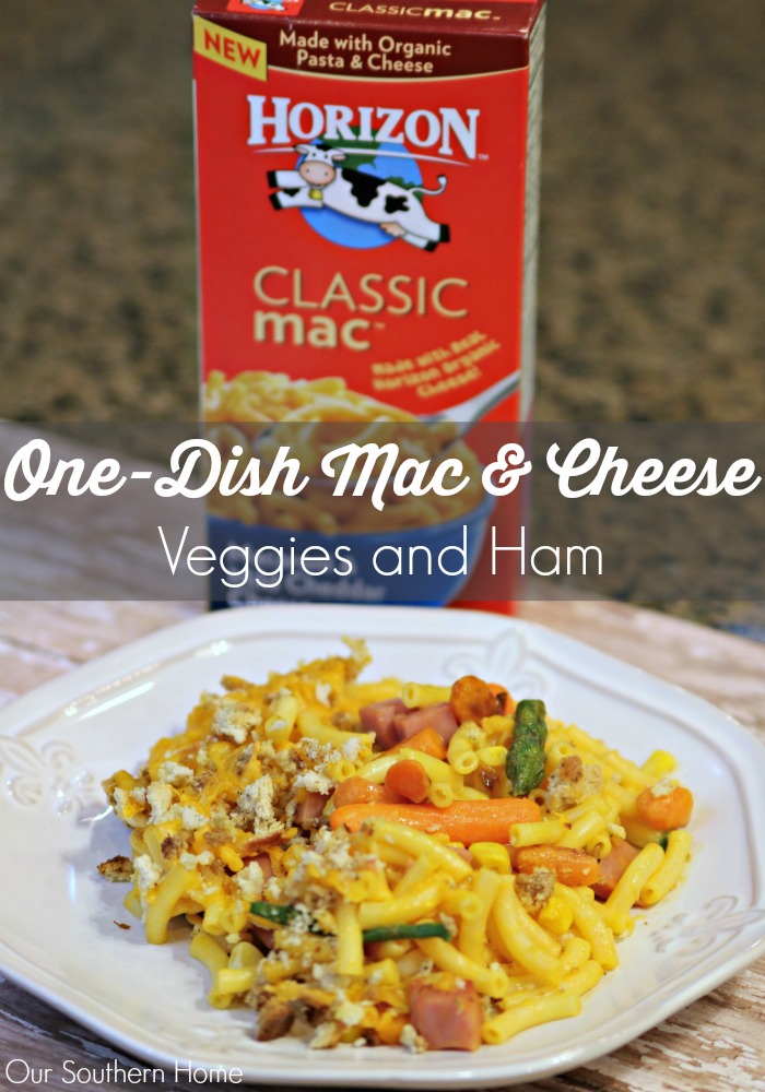 One Dish Mac and Cheese dinner with veggies and ham is a huge hit with my family using Horizon! #ad #macnator
