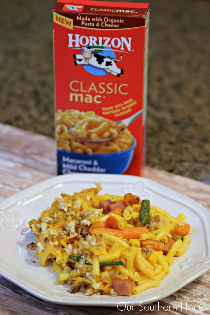 One Dish Mac and Cheese dinner with veggies and ham is a huge hit with my family using Horizon! #ad #macnator