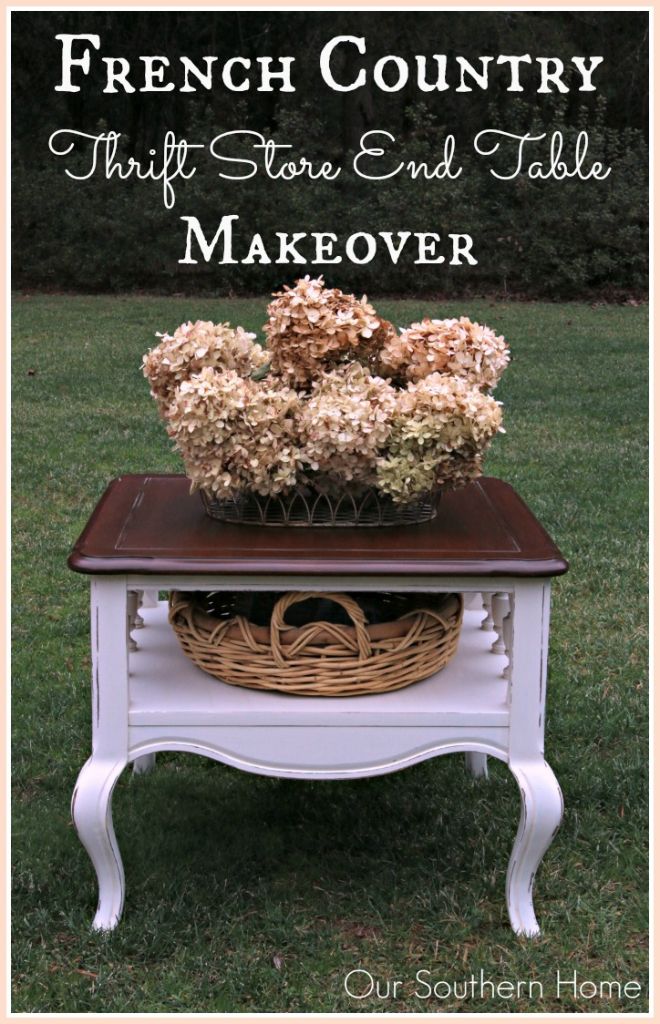 French Country thrift store end table makeover  by Our Southern Home using Americana Decor Chalky Finish Paints and Minwax PolyShades.