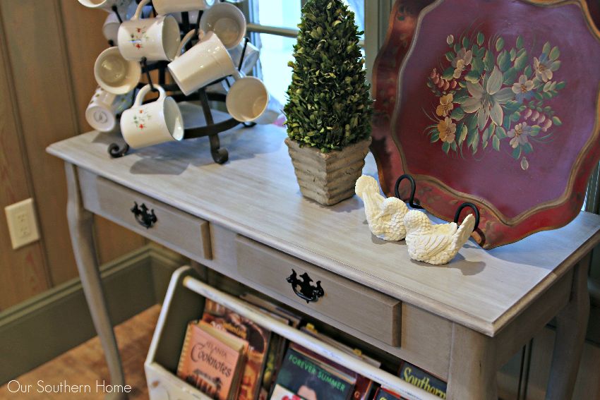 French Linen with white wash console makeover by Our Southern Home