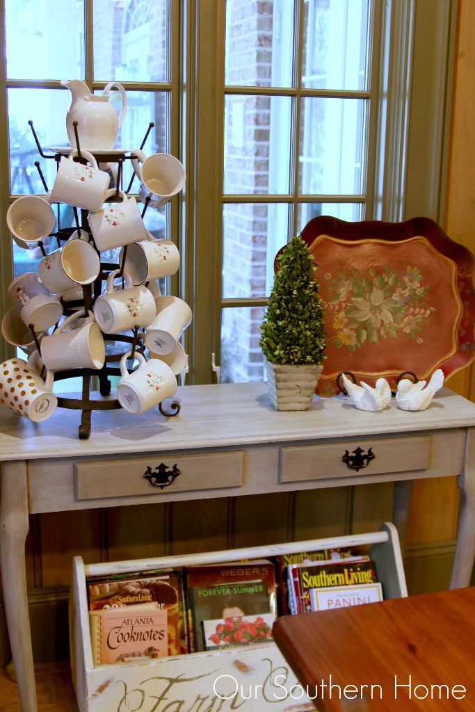 French Linen with white wash console makeover by Our Southern Home