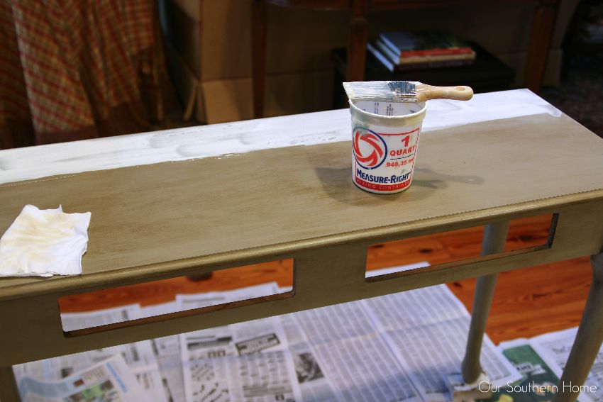 French Linen with white wash console makeover by Our Southern Home