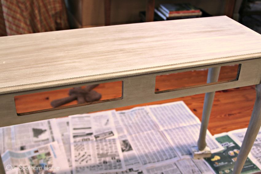 French Linen with white wash console makeover by Our Southern Home