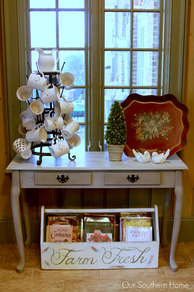 French Linen with white wash console makeover by Our Southern Home