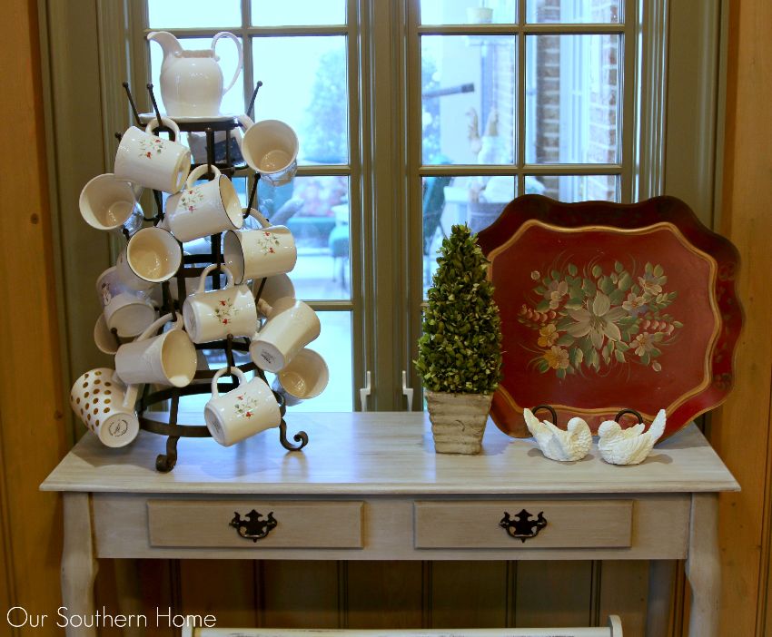 French Linen with white wash console makeover by Our Southern Home