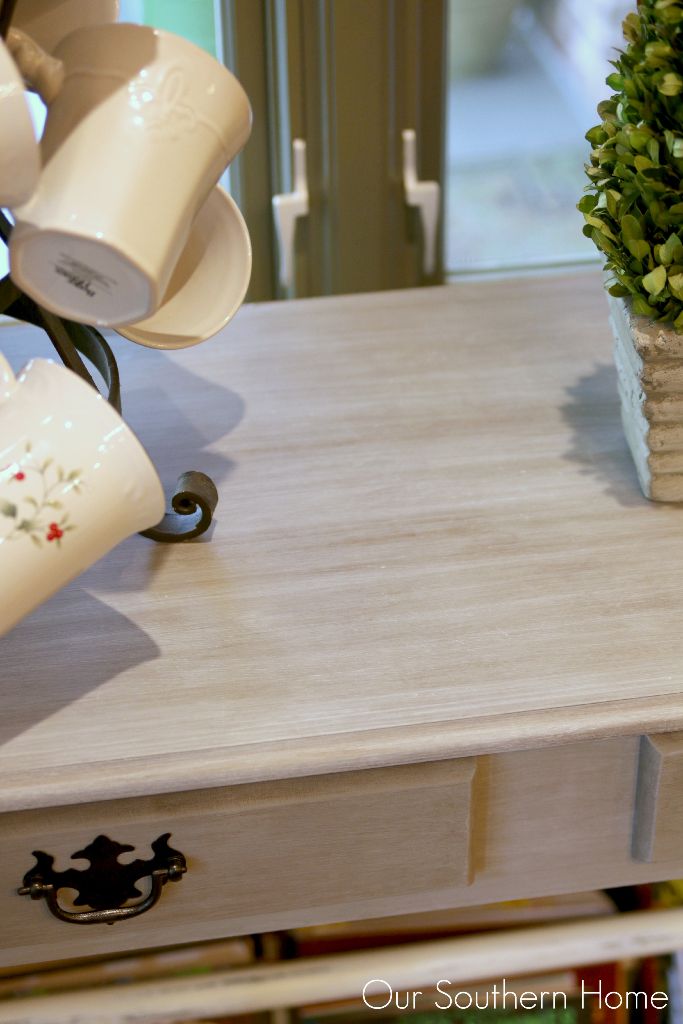 French Linen with white wash console makeover by Our Southern Home